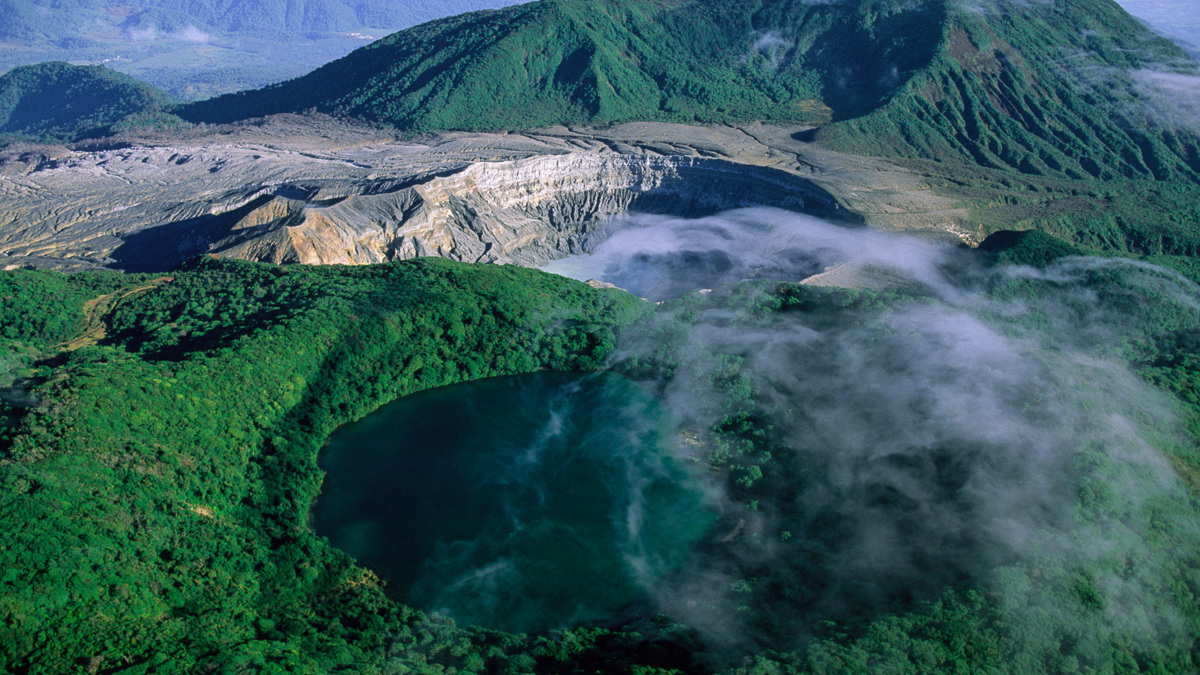 Costa Rica, Volcan Poas National Park, aerial of Poas volcano crater.